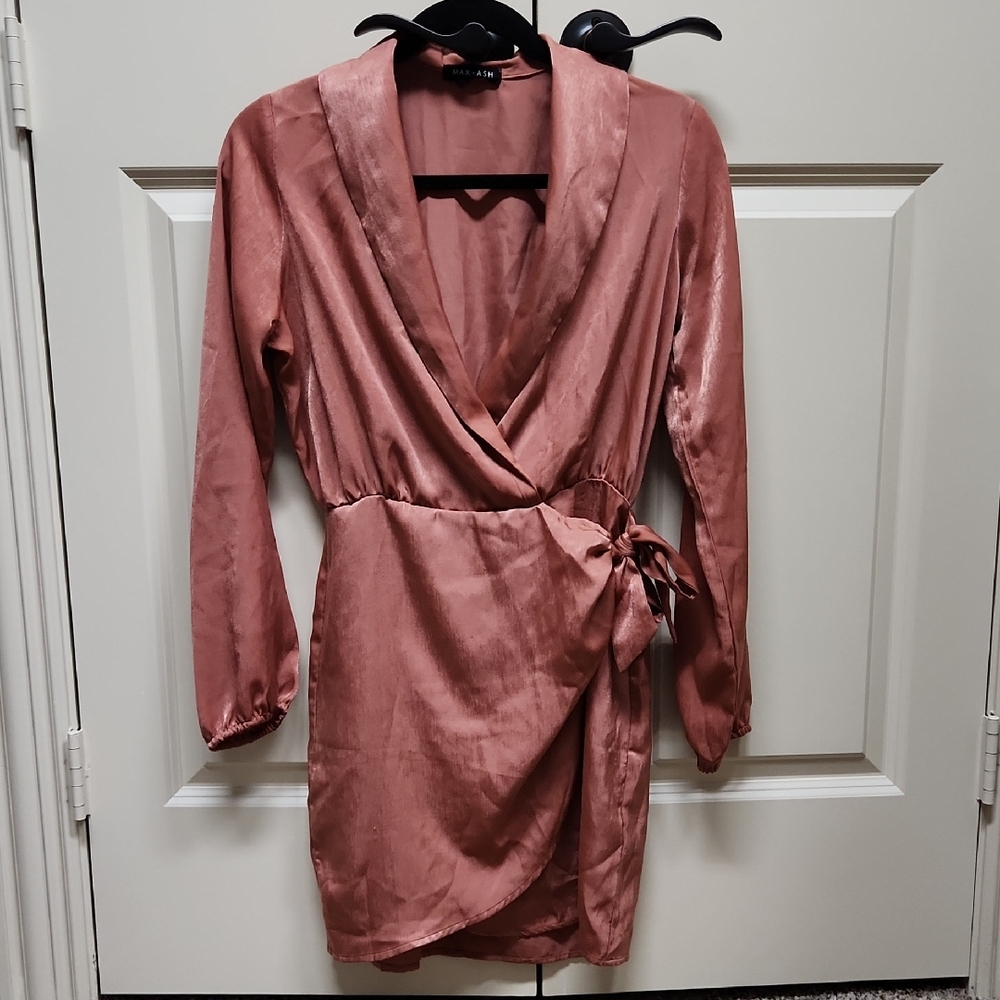 Max And Ash Elegant Satin Wrap Dress in Pink